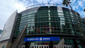 The new Crypto.com Arena sign, is seen at the former Staples Center on December 22, 2021 in Los Angeles.