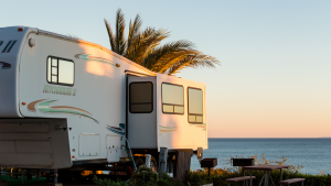 Winter RV camping on coast of California. Equity LifeStyle Properties (ELS) owns numerous RV resorts and campgrounds like this one.