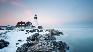 New England's iconic Portland Head Lighthouse in winter