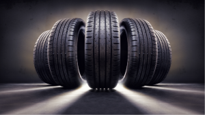 Five tires in a dark gray background