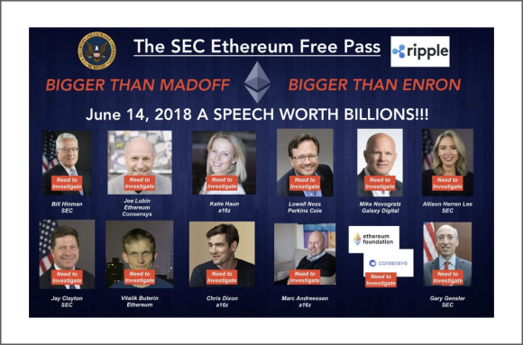 A screenshot from Twitter alleging that the SEC is giving Ethereum a free pass.