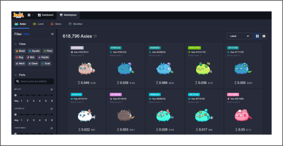 Screenshot of Axie Infinity showing Axies available for purchase.