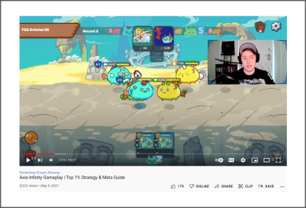 A screenshot of a YouTube video of a person showing off Axie Infinity gameplay.