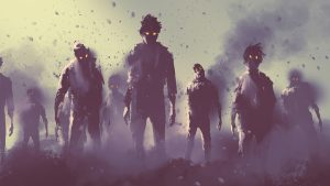 An illustration of a group of zombies in a hazy environment.