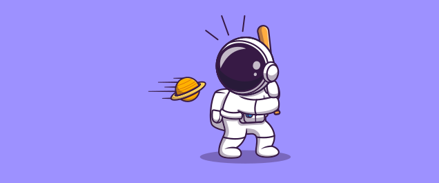 An illustration of an astronaut holding a baseball bat getting ready to hit a baseball-sized planet.