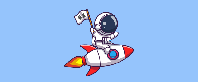 An illustration of an astronaut on a rocket holding a flag reading 