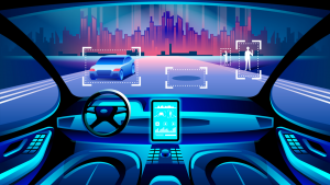 An image of the interior view of a self-driving car, sensing objects in the road