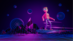 An image of an avatar riding on a hoverboard through a digital landscape
