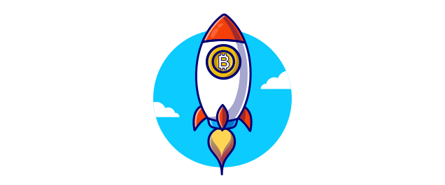 An illustration of a rocket with the Bitcoin logo on its side.