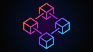 An image of 4 cubes connected in a web; blockchain