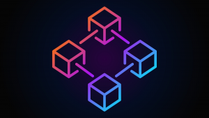 An image of 4 cubes connected in a net;  blockchain