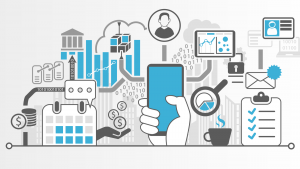 An image depicting the flow of the blockchain; binary code, money, email message, hand holding a cellphone