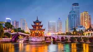 Guiyang, China skyline at Jiaxiu Pavilion on the Nanming River.