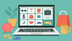 An image of a laptop showing clothes on the screen with the mouse hovering over a 'buy' button; surrounded by credit card, piggy bank, shopping bag, coffee
