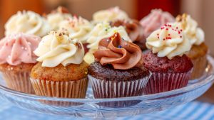 Cupcakes on a glass tray on a blue checkered tablecloth as seen from the side. Multi-colored cupcakes with red velvet, vanilla, chocolate, lemon, and strawberry flavors with sprinkled frosting.