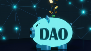 A concept image of a glowing blue piggy bank with money flowing into it with "DAO" written on it. A network of glowing points of light can be seen in the background.