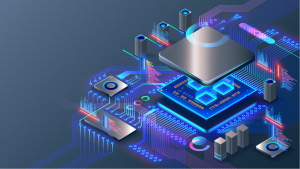 An image of the inside of a computer chip, neon motherboard