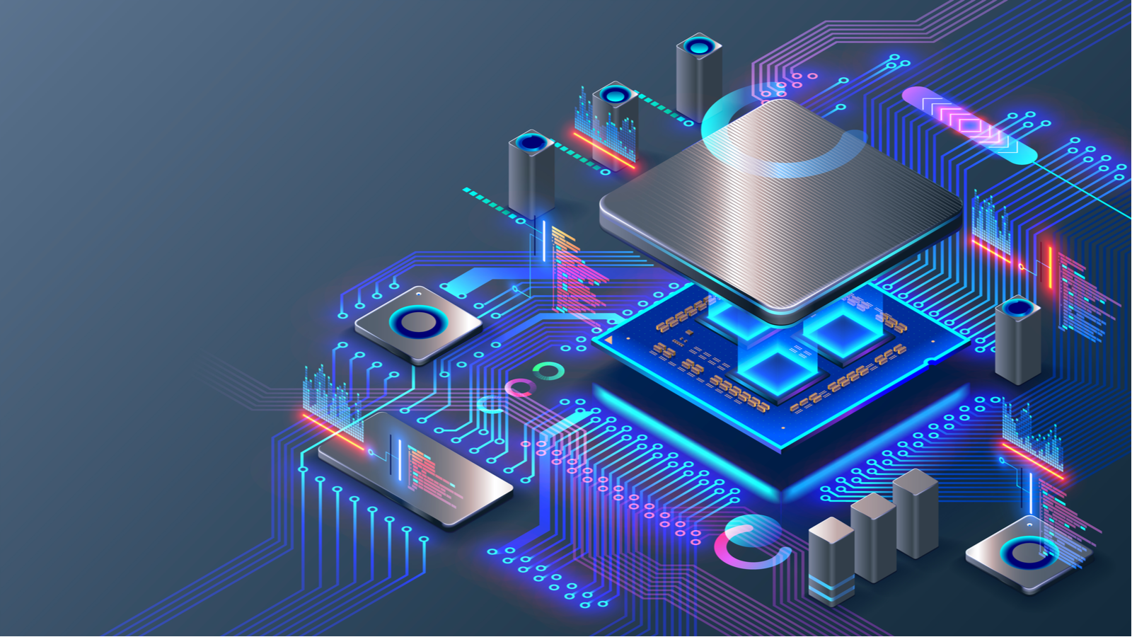 An image of the inside of a computer chip, neon motherboard representing ACMR Stock