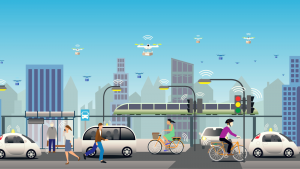 An image of a busy city street with autonomous cars and taxis, UAVs carrying packages flying overhead
