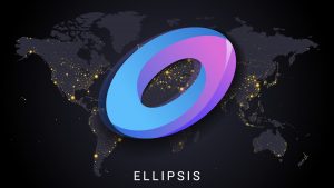 Ellipsis (EPS) crypto logo on a dark background of world map