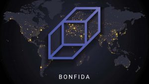 The concept art for the Bonfida (FIDA) crypto on top of a world map.