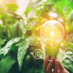 An image of a hand holding a light bulb wrapped in leaves, surrounded by green energy source icons
