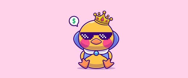 An illustration of a duck wearing a crown and pixelated sunglasses with a speech bubble with a dollar sign in it.