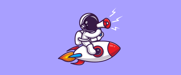 A concept image of an astronaut with a megaphone on a rocketship