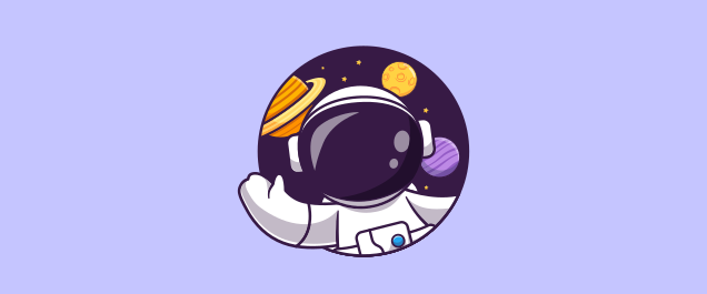 An illustration of an astronaut waving through a window. Space can be seen behind the astronaut with several planets and stars.
