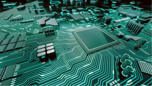 An image of a motherboard and computer chip