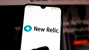 The New Relic (NEWR Stock) logo on a smartphone.
