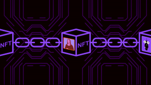 An image of blockchain; cubes of art and NFTs connected by a chain