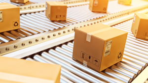 cardboard boxes on conveyor belt in warehouse, 3d illustration