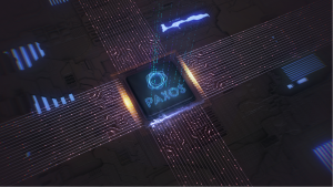 Paxos crypto logo on conceptual, high-tech looking blockchain graphic