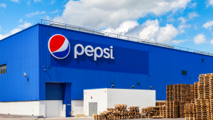 Pepsi (PEP) plant in Samara, Russia.  Pepsi logo on a blue stock.