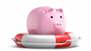 protection piggy bank (safe investments) with lifebuoy isolated white background with clipping path