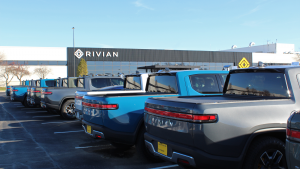 Rivian (RIVN Stock) car manufacturing plant. Rivian develops vehicles, products and services related to sustainable transportation.