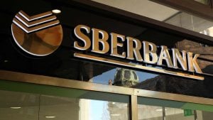 A sign for the Sberbank of Russia located in the Czech Republic.
