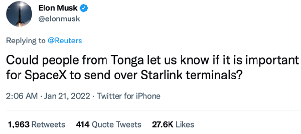 A screenshot of a tweet from Elon Musk asking if people from Tonga could let him know if SpaceX should send over Starlink terminals.