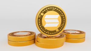Solana Crypto currency Gold Solana SOL. Close up on white background Blockchain concept 3d rendering