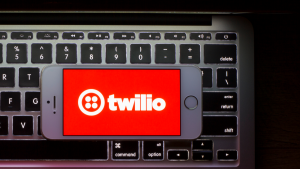 The Twilio (TWLO) logo is seen on a smartphone. Twilio is a cloud communications platform as a service company based in San Francisco, California.