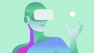 An image of a person wearing a VR headset reaching toward an orb