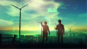 An image of engineers analyzing wind turbines over the hill, data imposed over the image