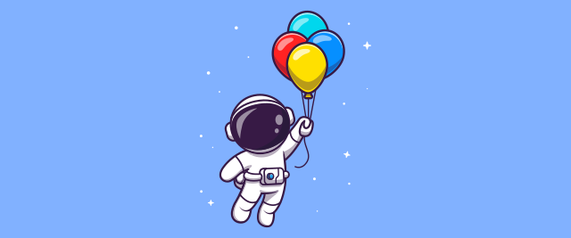 An illustration of an astronaut holding onto four balloons, floating across a backdrop of stars.