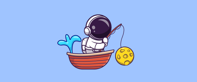 An illustration of an astronaut in a wooden boat holding a fishing rod with a tiny moon attached to the end. A leak has sprung in the back of the boat.