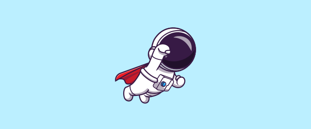 An illustration of an astronaut in a cape flying with a superhero-like pose.