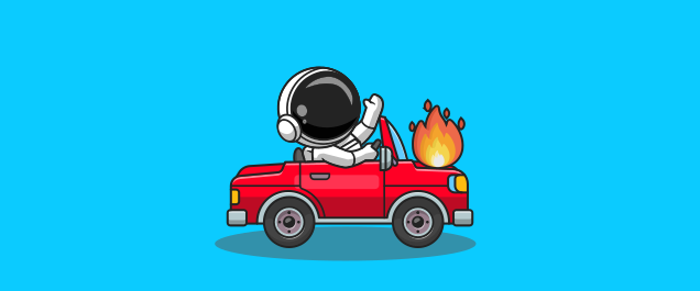 An illustration of an astronaut driving a flaming car.