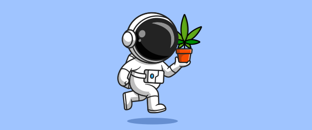 An illustration of an astronaut carrying a marijuana plant while walking at a lively pace.
