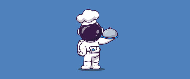 An illustration of an astronaut wearing a chef's hat holding a covered platter of food.