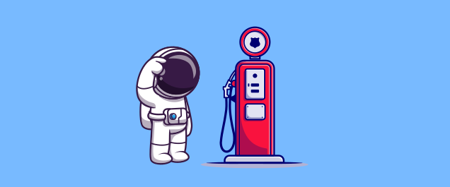 An illustration of an astronaut standing next to a gas pump with a confused expression.